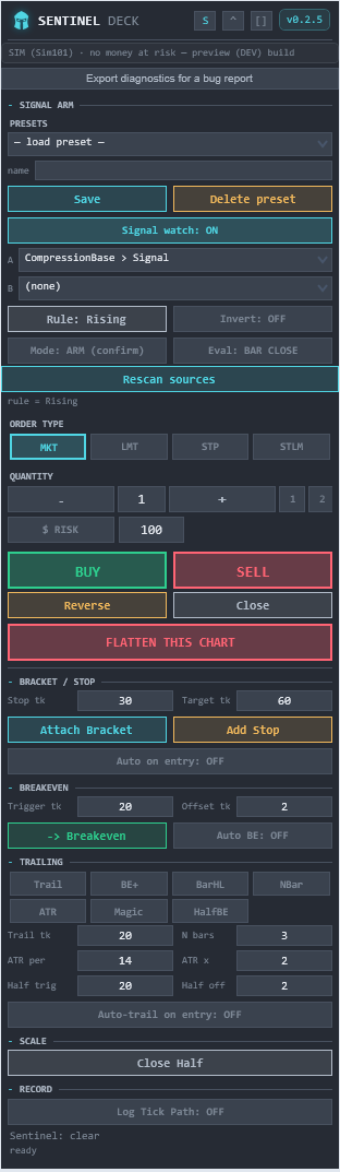 The Sentinel Deck panel: header and version chip, the SIM preview safety band, signal arm reading a CompressionBase plot, then order type, quantity, buy/sell, flatten, bracket, breakeven and trailing controls